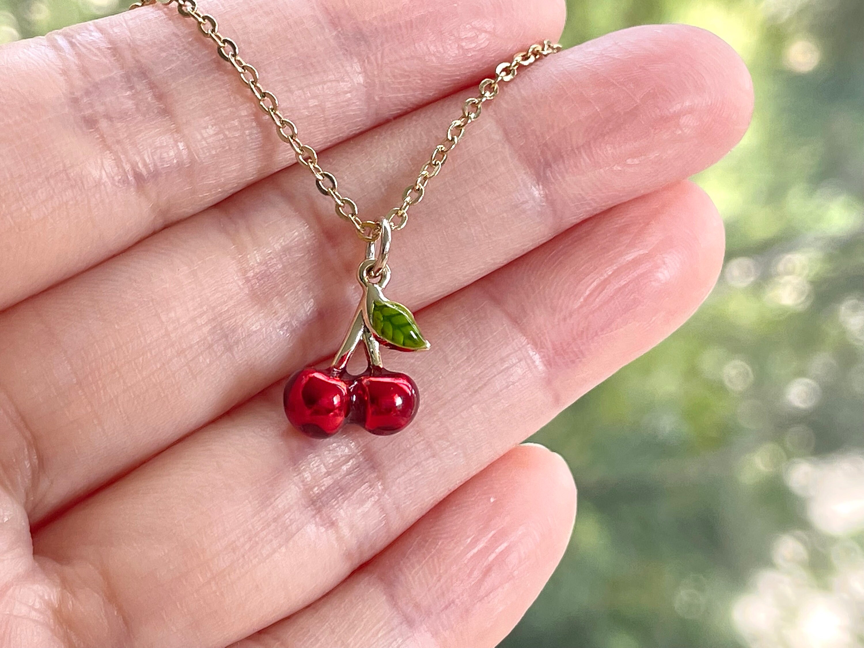 Enamel Cherry Necklace, Gold Plated Fruit Jewelry - Etsy