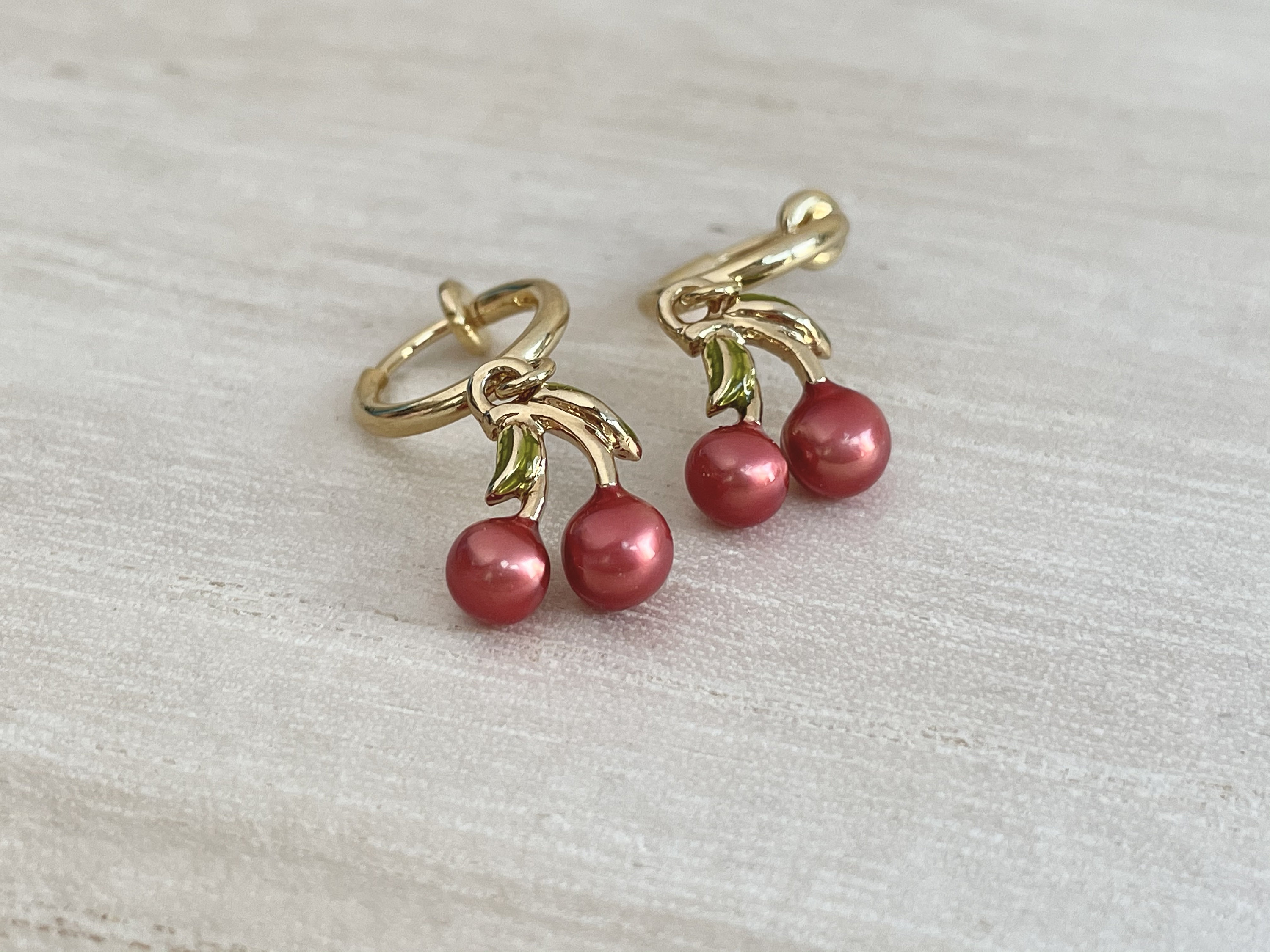 Cherry Earrings Gold Plated Clip On Hoop Earrings Red Etsy
