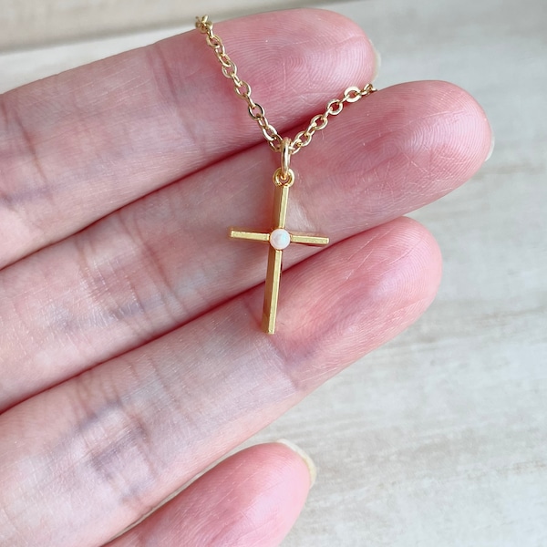 Cross Necklace, Gold Plated, Resin Pearl, Unique, Dainty, Cross Jewelry, Religious, Christian Gift, Catholic Gift
