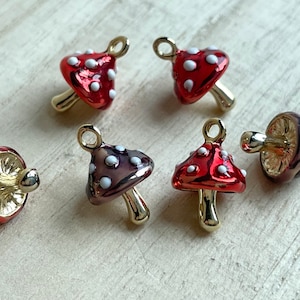 Mushroom Charm, Tiny, Clip On / Phone / Keychain Charm, Gold Plated, Red / Purple Enamel, Alice in Wonderland, Cute, DIY Jewelry Making