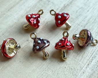 Mushroom Charm: Gold Plated Red Purple Enamel Pendant, Phone, Keychain, Purse Accessory, Jewelry Making