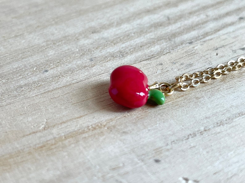 Apple Necklace, Gold Plated, Red, Enamel, Tiny, Cute, Dainty, Miniature, Apple Jewelry, Fruit Necklace, Fruit Jewelry, Food Necklace image 6