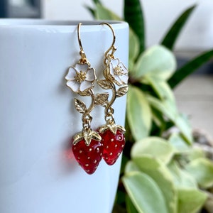 Strawberry Earrings with Cherry Blossom: Gold Plated, Acrylic Miniature Fruit Flower Jewelry