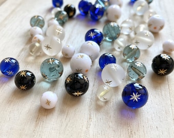 8 / 10 / 12mm, Star Beads, 2 pcs, Black / Blue / Navy Blue / White / Frosty Acrylic Beads, Gold / Silver Star, Plastic Resin, Japanese beads