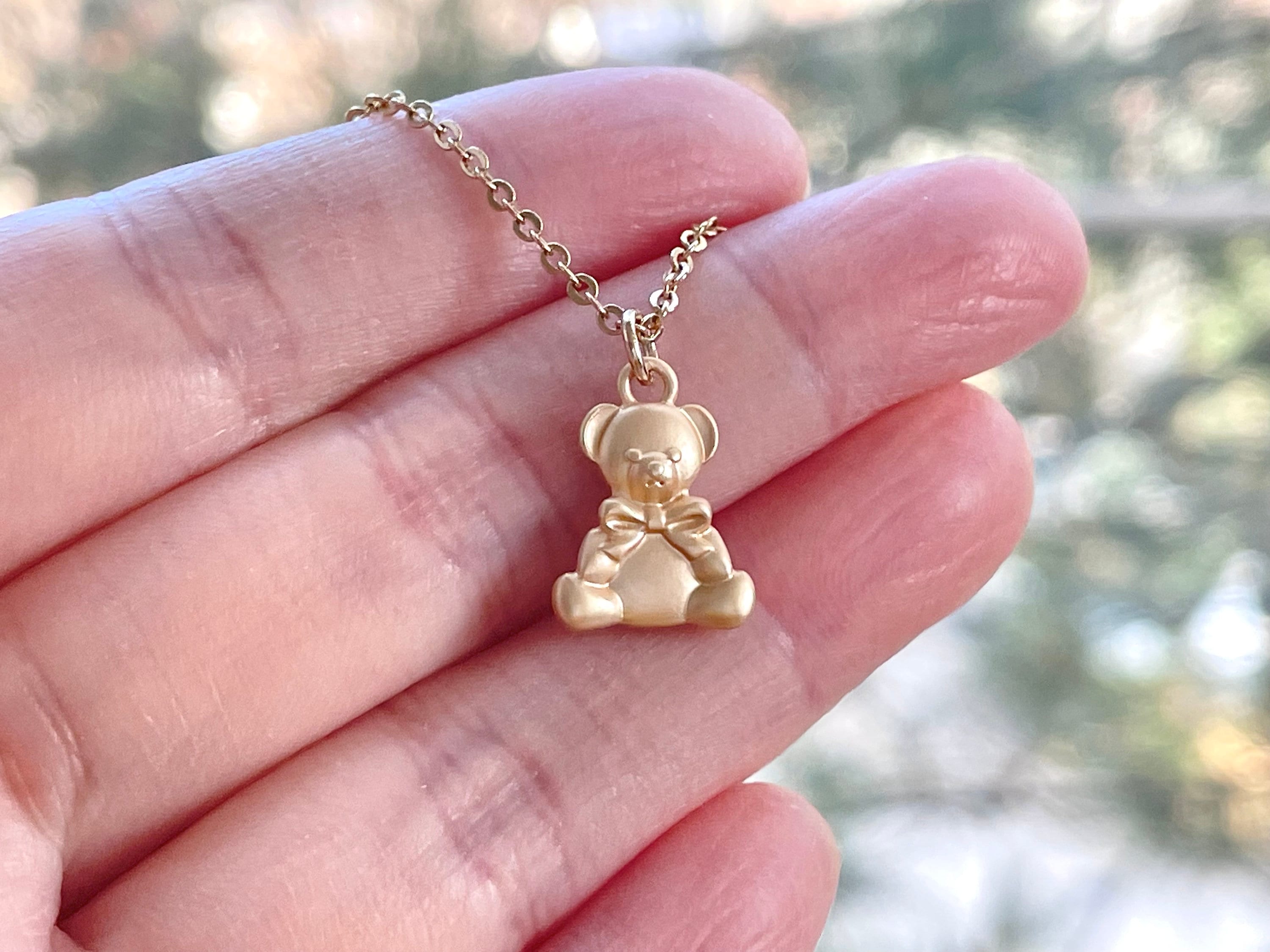 Teddy Bear Necklace, Matt Gold Plated, Cute, Kawaii, Dainty