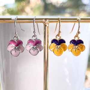 Viola Earrings, Pansy Earrings, Tiny, Purple / Yellow / Pink Enamel Flower Earrings, Gold / Silver Plated, Viola Jewelry, Pansy Jewelry