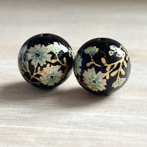 12 / 14mm, Japanese Tensha Beads, 2 pcs, Akabana on Black Round Beads, Focal, Decal, Flower, Jewelry Making