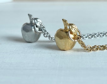 Apple Necklace, Tiny, Matt Gold, Matt Silver, Apple Pendant Necklace, Fruit Necklace, Food Necklace, Apple Jewelry, Gift for Teachers