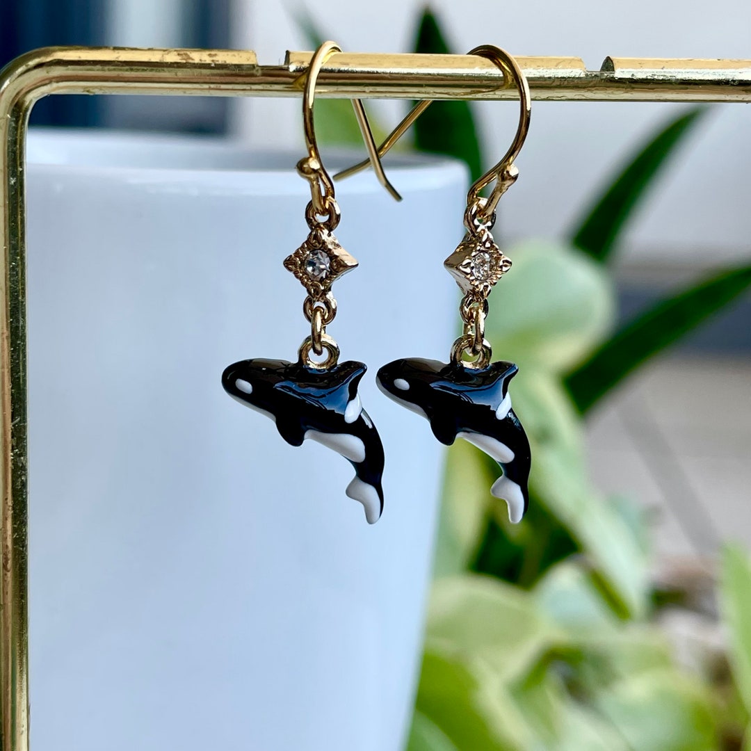 Killer Whale Earrings, Gold Plated Enamel Orca Jewelry, Cute Accessory ...