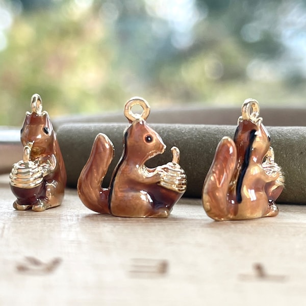 Squirrel Embraces Nut Charm, Tiny, Gold Plated, Brown Enamel, Clip On / Phone / Keychain Charm, Cute Animal Miniature, Gift for Kids