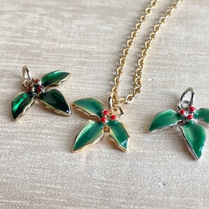 Holly Necklace, Tiny, Antique Gold / Gold / Silver Plated, Enamel Holly Leaf, Christmas Gift, December Birth Flower, December Birthday Gift