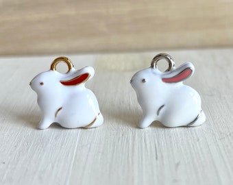 Bunny Charm Tiny, Gold / Silver, White Enamel, Clip On / Mobile Phone / Keyring Charm, Easter Bunny, Cute Rabbit Miniature, Gift for Kids