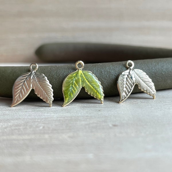 Leaf Charm, Double Leaves Charm, Gold Plated, Matt Gold Plated, Green Enamel, Tiny, Dainty, Green Leaf, Leaf Jewelry, Nature, Plant, Tree