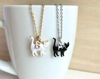 Personalised White / Black Cat Necklace, Initial, Gold / Silver Plated, Enamel Cat Pendant, Cat Jewelry, Animal Necklace, Cat Lovers, Pet