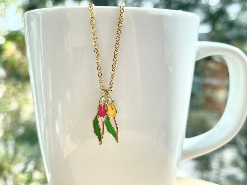 Tulip Necklace, Gold Plated, Pink / Yellow Enamel, Dainty, Cute, Unique, Tulip Flower Jewelry, Mothers Day Gift image 3
