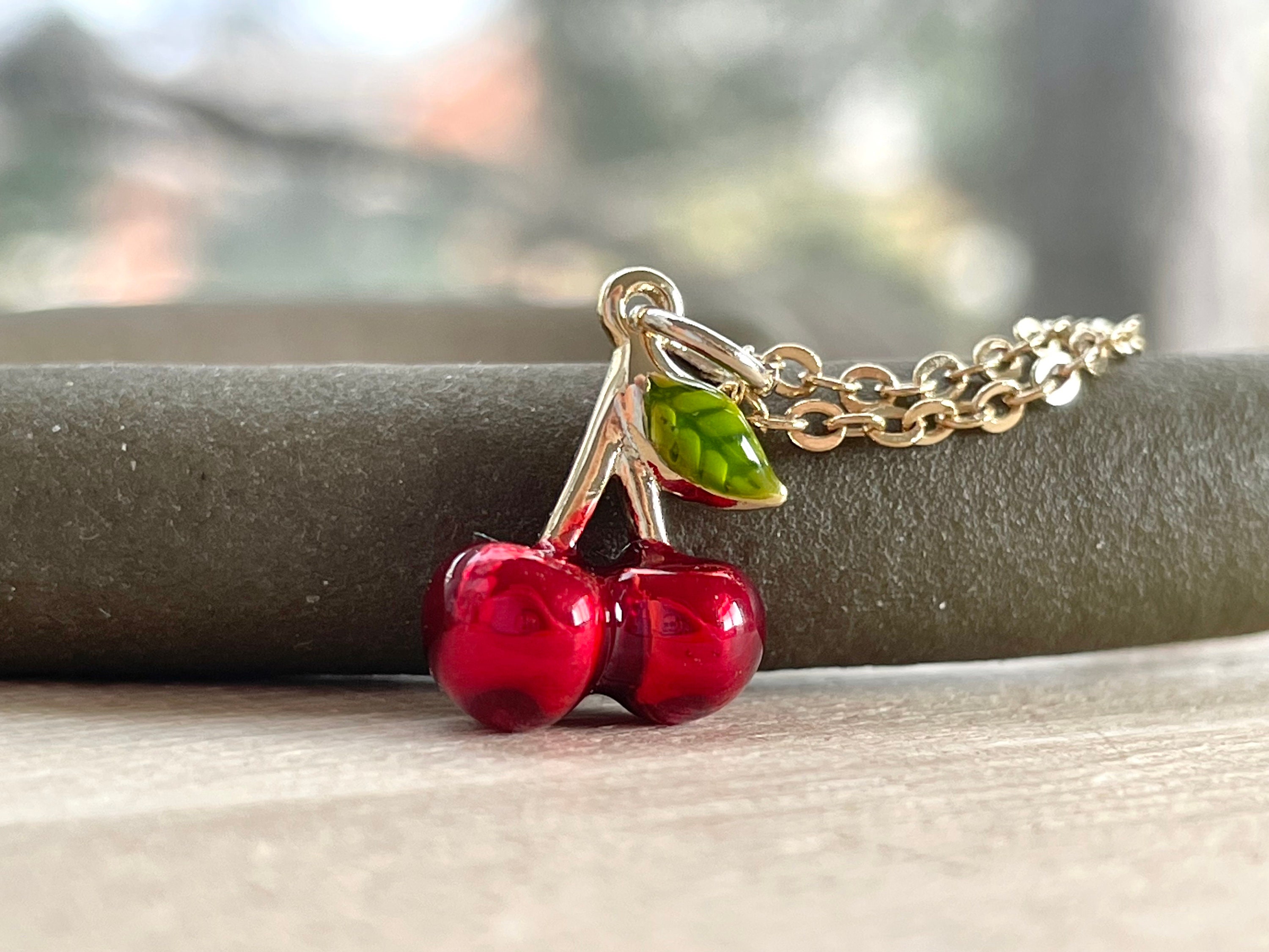 Enamel Cherry Necklace, Gold Plated Fruit Jewelry - Etsy