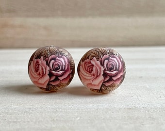 10 / 12 / 14mm, Japanese Tensha Beads, 2 pcs, Pink Rose on Matt Frosted Chalk White Beads, Flowers, Round, Focal, Decal, DIY Jewelry Making