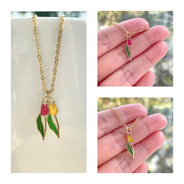 Tulip Necklace, Gold Plated, Pink / Yellow Enamel, Dainty, Cute, Unique, Tulip Flower Jewelry, Mother’s Day Gift