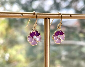 Viola Earrings, Pansy Earrings, Purple Enamel Flower Earrings, Gold Plated, Dainty, Tiny, Viola Jewelry, Gift for Her