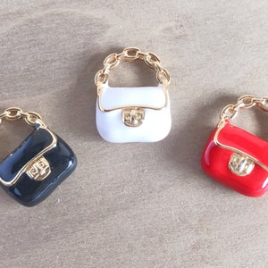 Handbag Charm, Gold Plated, Black / Red / White Enamel, Woman’s Bag Pendant, Clip On Charm, Purse, Girly Jewelry