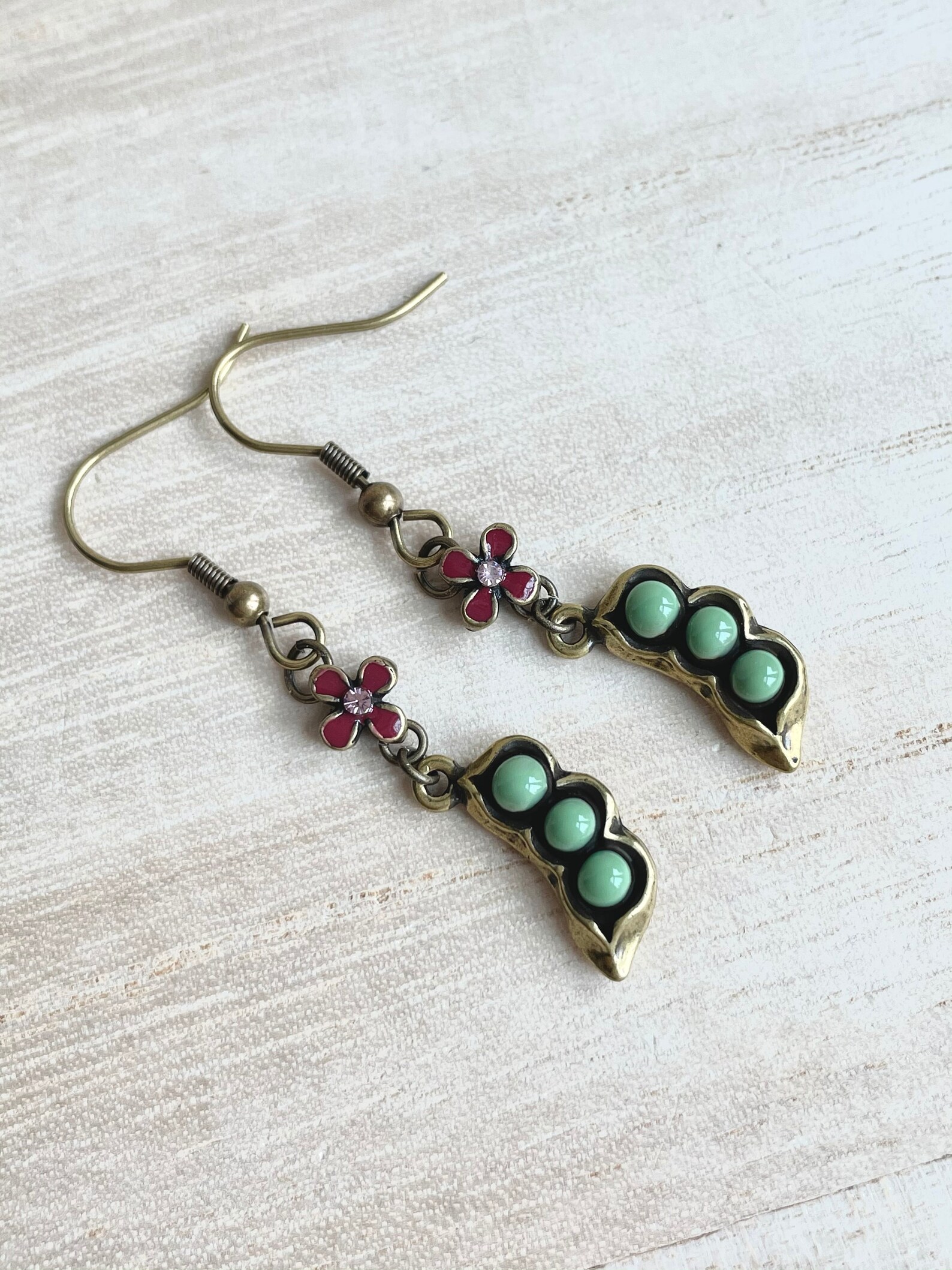 Peas Earrings 3 Peas Antique Bronze Plated Green Enamel Etsy UK