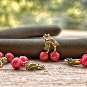 Cherry Charm, Tiny, Clip On / Phone / Keychain Charm, Gold Plated, Red Enamel, Cute Fruit Pendant Jewelry, DIY Jewelry Making