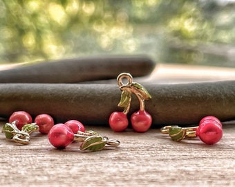 Cherry Charm, Tiny, Clip On / Phone / Keychain Charm, Gold Plated, Red Enamel, Cute Fruit Pendant Jewelry, DIY Jewelry Making