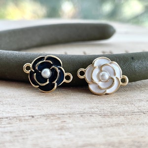 Camellia Connector Charm, 11mm, 1 pc, Gold Plated, White / Black Enamel, Resin Pearl, Floral, Flower, DIY Jewelry Making