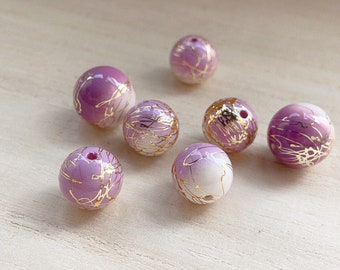 8mm / 10 mm / 12 mm / 14 mm Japanese Arabesque Beads (2 pcs), Gold Line Purple Arabesque, Light Purple Acrylic, Japanese Beads, Tensha Beads