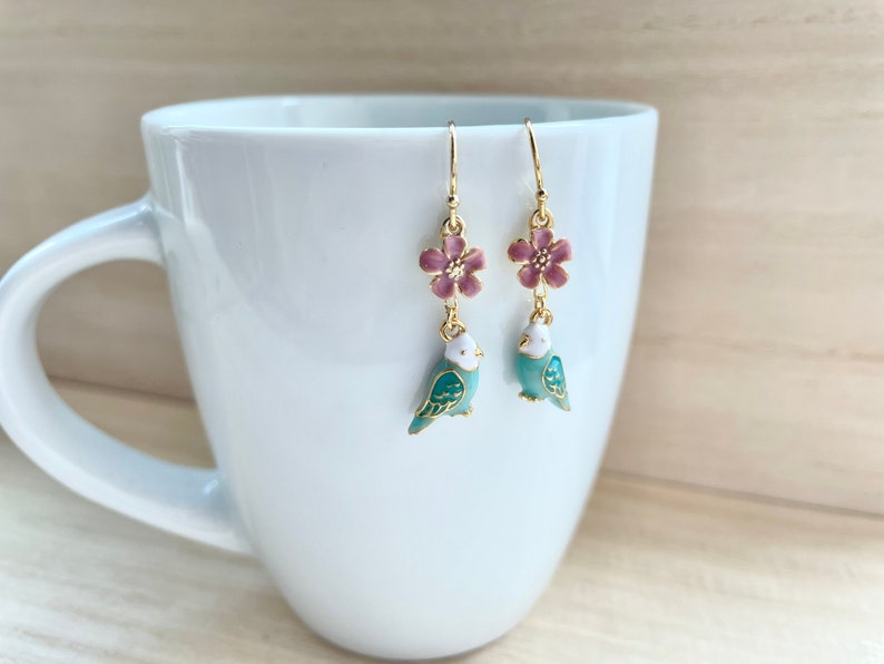 Choose Your Own Flower Tiny Enamel Flower Budgie Earrings Tiny Gold Plated Green /& Yellow Enamel Budgies Bird Jewelry Bird Earrings