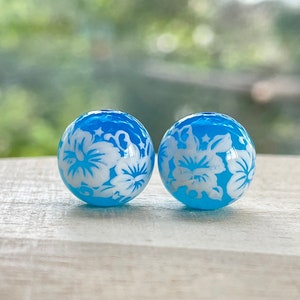 12mm, Japanese Tensha Beads, 2 pcs, Hibiscus Flower, Blue Beads, Japanese Beads, Round Beads, Focal, Decal Beads