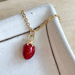 Strawberry Necklace, Tiny Gold Plated Enamel Fruit Necklace, Gift for Her