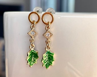 Holly Leaf Earrings, Gold Plated, Green Enamel, Christmas Earrings, Dainty, X’mas Gift, Holly Leaf Jewelry