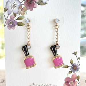 Nail Polish Earrings, Pink Nail Polish bottle Earrings, Gold Plated, Cute, Dainty, Girly, Cosmetic Jewelry