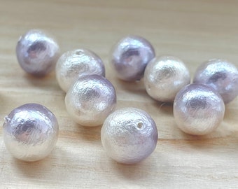 Japanese Cotton Pearl: 8-12mm, 2 pcs, Fully Drilled, Purple / White Round Beads