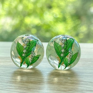 16 x 16.5mm, Japanese Tensha Beads, 2 pcs, Lily of the Valley, Transparent Beads, Japanese Beads, Round Beads, Focal, Decal Beads