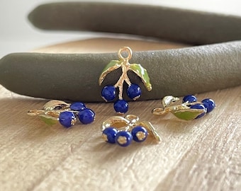 Blueberry Charm (1pc): Tiny Gold Plated Blue Enamel Fruit, Phone Keychain Purse, Jewelry Making