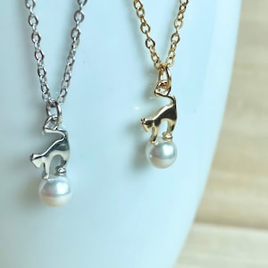 Cat Necklace with Pearl, Tiny, Gold / Silver Plated, Resin Pearl, Cute, Kawaii, Dainty, Animal Necklace, Cat Jewelry