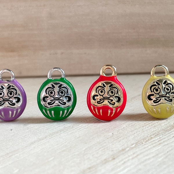 Tiny Japan Daruma Doll Charm, Clip On / Keychain / Phone Charm, Lucky Pendant, Gold /Silver Plated, Green / Purple / Red / Yellow Enamel