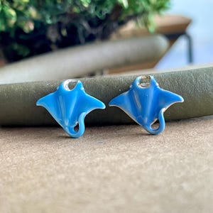 May include: Two small, light blue enamel stingray charms. Each charm has a curved tail and a loop at the top for attaching to jewellery. The charms are set against a neutral background, with a hint of greenery in the upper left corner.