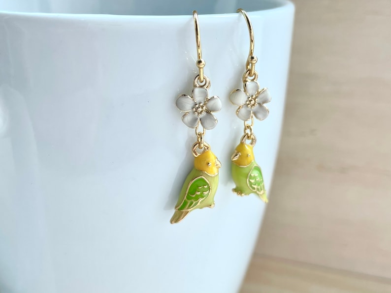 Choose Your Own Flower Tiny Enamel Flower Budgie Earrings Tiny Gold Plated Green /& Yellow Enamel Budgies Bird Jewelry Bird Earrings