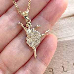 Ballerina Ballet Dancer Necklace, Gold Plated, Cubic Zirconia Jewelry, Gift For Friends, Dancer Gift