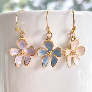 Flower Earrings, Blue / Purple / White Enamel Flower Earrings, Gold Plated, Dainty, Flower Jewelry, Gift for Her