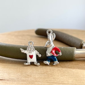 White Rabbit / Poker Charm, Clip On / Keychain / Phone Strap Accessories, Alice in Wonderland Jewelry, Silver Plated with Enamel, DIY