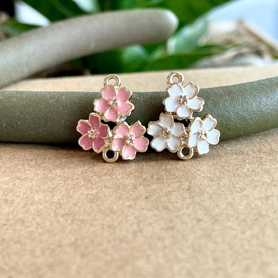 Gold Plated Cherry Blossom Connector Charm: Pink & White Enamel