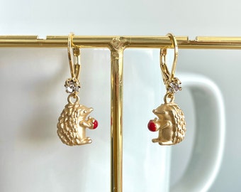 Hedgehog Leverback Earrings: Matt Gold Plated Animal Jewelry