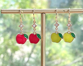 Apple Earrings: Gold Plated Red Green Enamel Miniature Fruit Jewelry