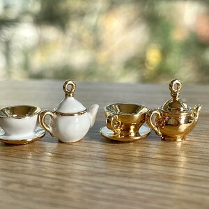 Teapot & Teacup Charms: Gold Plated Enamel Miniature Kitchenware, Alice in Wonderland Jewelry immagine 2