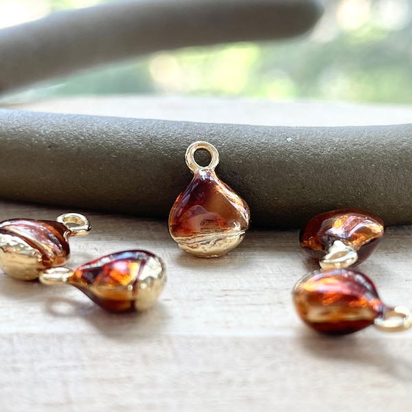 Chestnut Charm, VERY TINY, Gold Plated, Brown Enamel Chestnut, Cute, Nuts, Chestnuts, Food, Miniature Chestnuts Jewelry