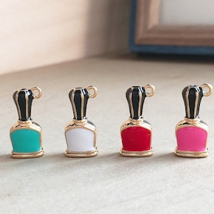 Nail Polish Bottle Charm, Gold Plated, Blue, Red, Pink, White Enamel Cosmetic Pendant, Clip On Charm / Phone Strap / Keychain Accessories